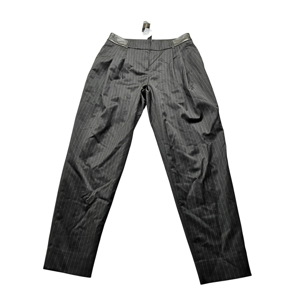 White House Black Market Pinstripe Leather Trim Trousers Womens 00R Black Wool